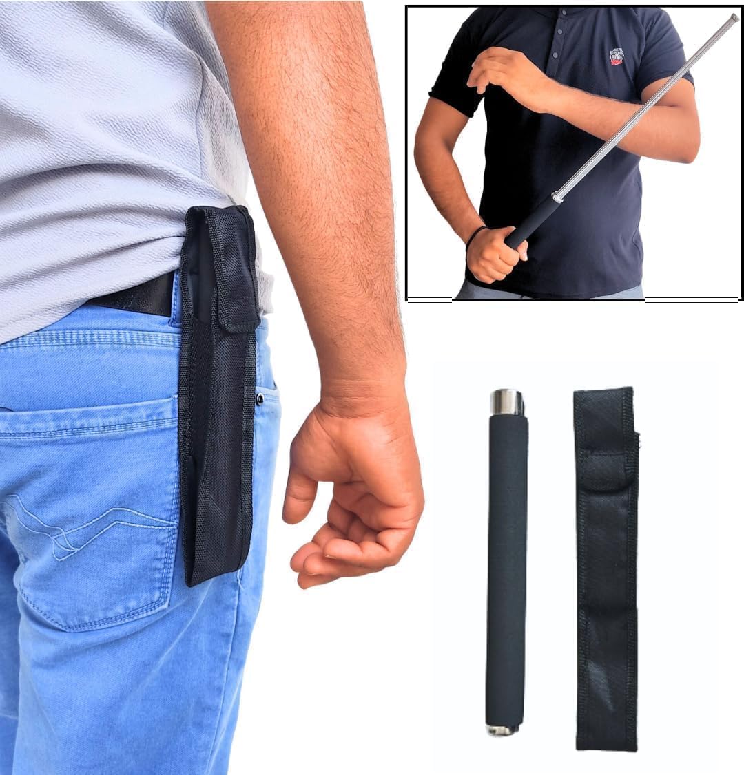 Heavy-Duty Telescopic Steel Baton – Self-Defense Stick with Grip Handle & Holster