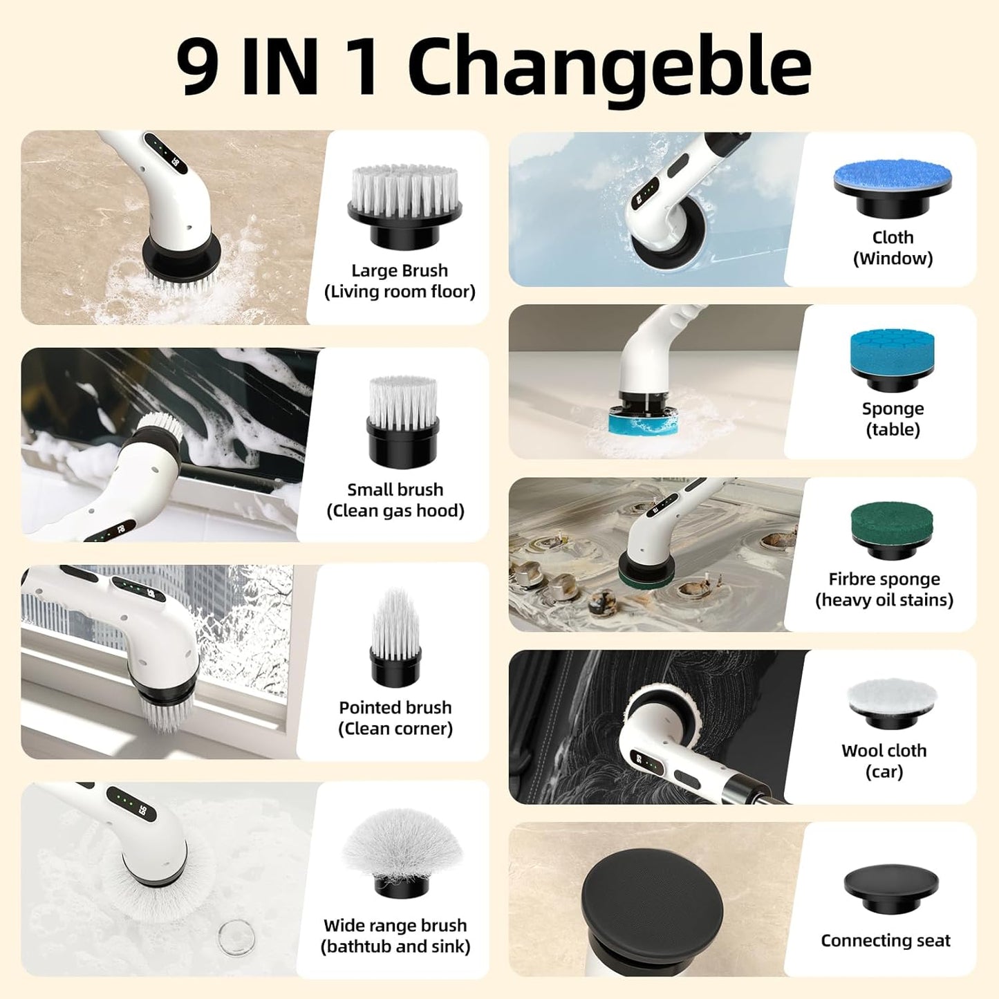Powerful 9-in-1 Spin Scrubber with Adjustable Extension Handle & USB Charging