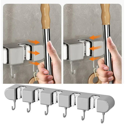 5 Slot & 6 Hook Wall Mounted Holder For Mop, Broom, Kitchen, Garden