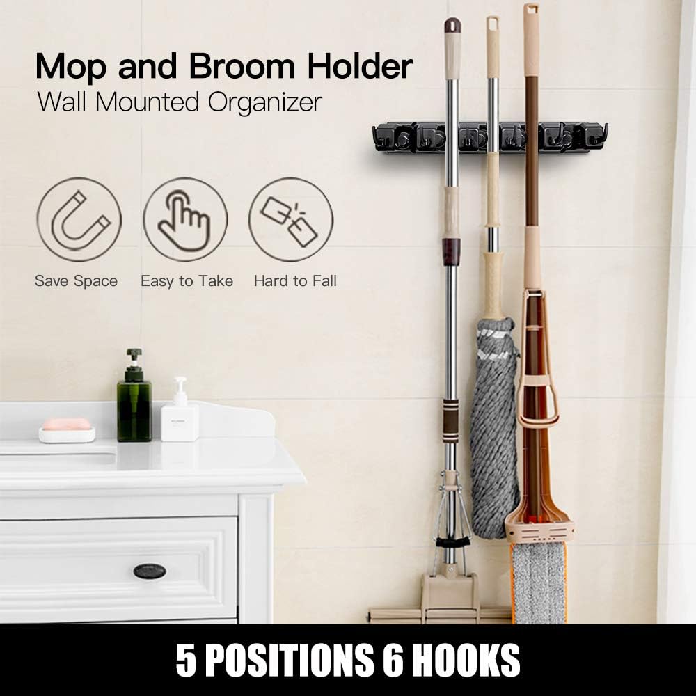 5 Slot & 6 Hook Wall Mounted Holder For Mop, Broom, Kitchen, Garden