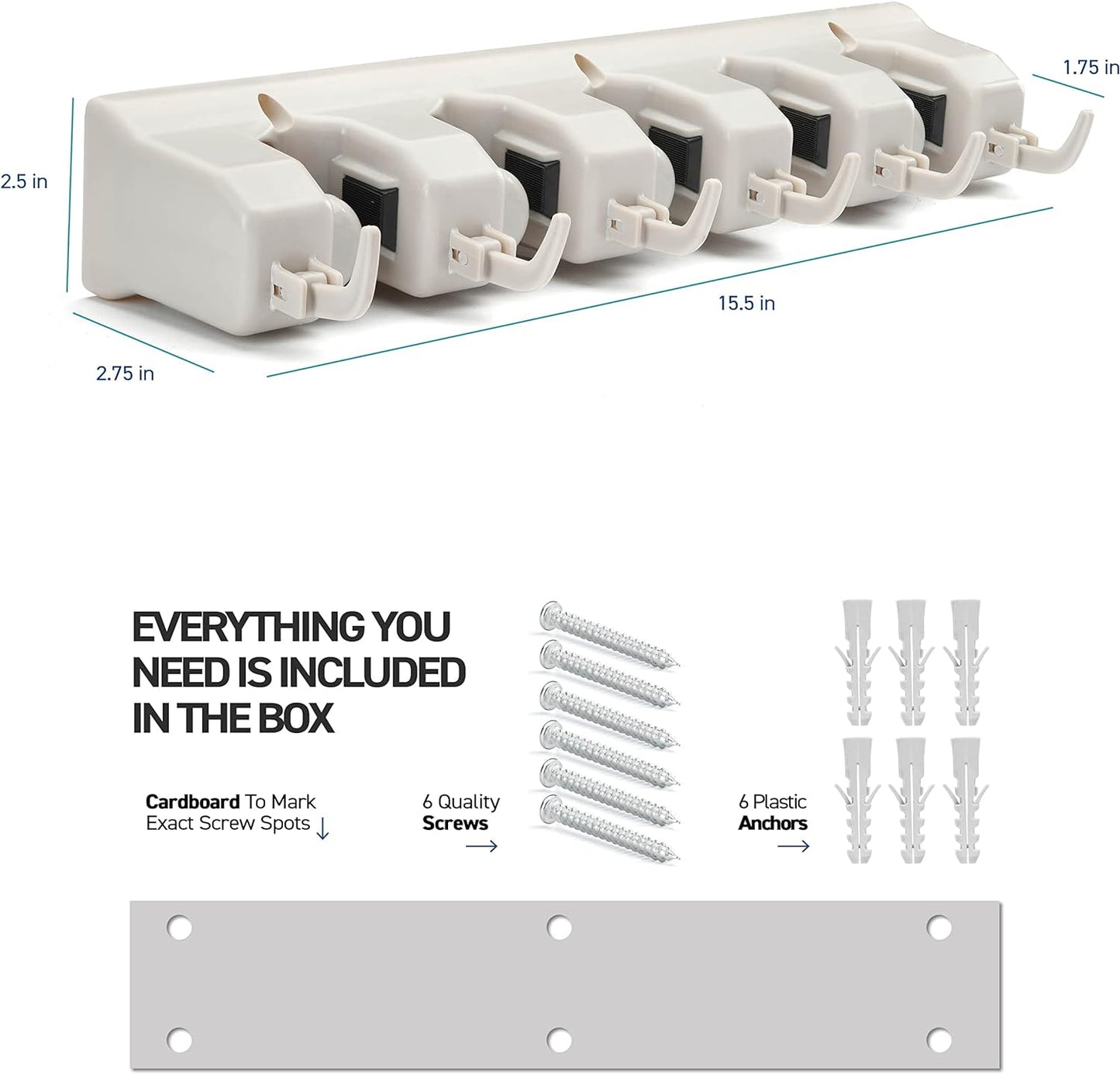 5 Slot & 6 Hook Wall Mounted Holder For Mop, Broom, Kitchen, Garden