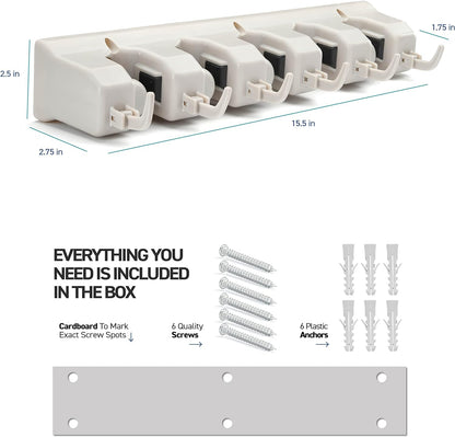 5 Slot & 6 Hook Wall Mounted Holder For Mop, Broom, Kitchen, Garden