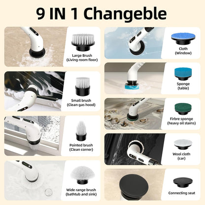 Powerful 9-in-1 Spin Scrubber with Adjustable Extension Handle & USB Charging