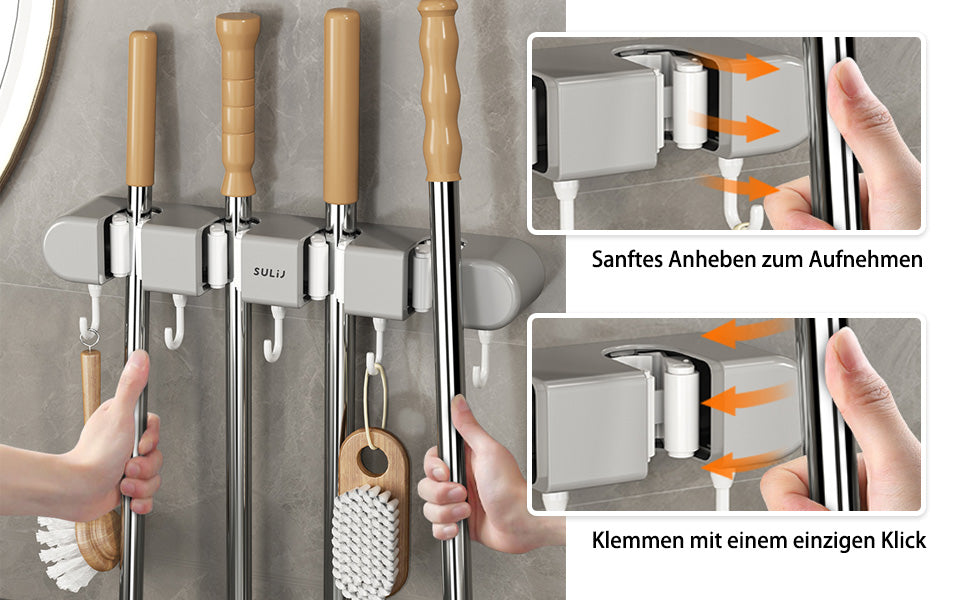5 Slot & 6 Hook Wall Mounted Holder For Mop, Broom, Kitchen, Garden